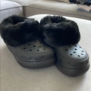 Crocs- Black Fuzzy Lined Clogs. Worn once.